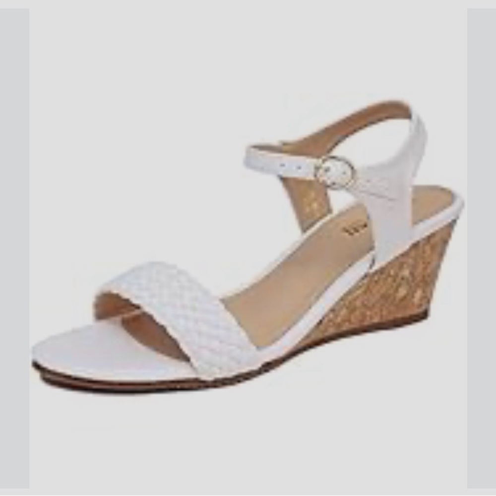 Classic White Woven Front Cork Wedge Sandals with Ankle Strap
